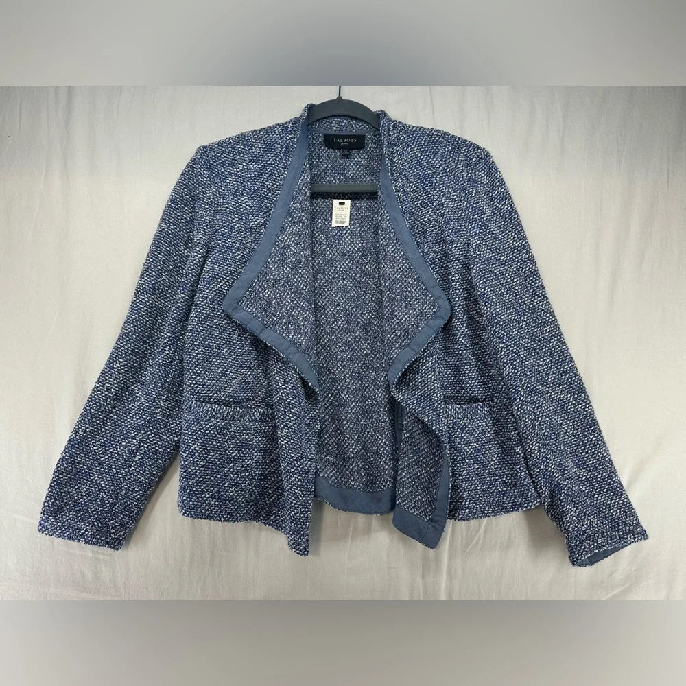 Talbots Blue Tweed Drape Open Front Blazer Classic Womens Size L Petite NEW - Picture 1 of 8
